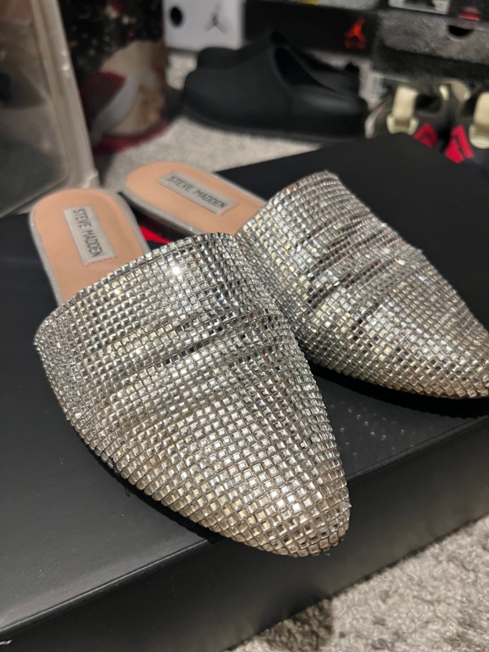 Steve Madden Silver Crystal Slip-On Pointed Mules